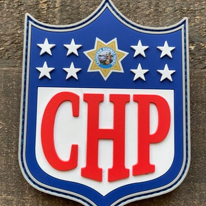 Puede incluir: Un parche azul y blanco con un "CHP" rojo en el centro. El parche tiene un borde blanco y un contorno plateado. La parte superior del parche presenta una estrella con las palabras "California Highway Patrol" en su interior.