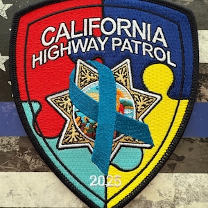 May include: A shield-shaped patch with the words "CALIFORNIA HIGHWAY PATROL" in white. The patch is divided into red, blue, and yellow sections, with a blue ribbon and a star emblem in the center. The year "2025" is at the bottom.