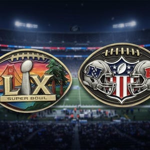 Peut inclure: Deux pièces de collection ovales. L'une représente le Golden Gate Bridge, un trophée et le texte « LIX SUPER BOWL ». L'autre affiche deux casques de football américain et le logo NFL.