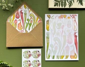 Carnivorous Plants Letter Writing Set, Botanical Stationery, Kraft Envelopes, Stickers