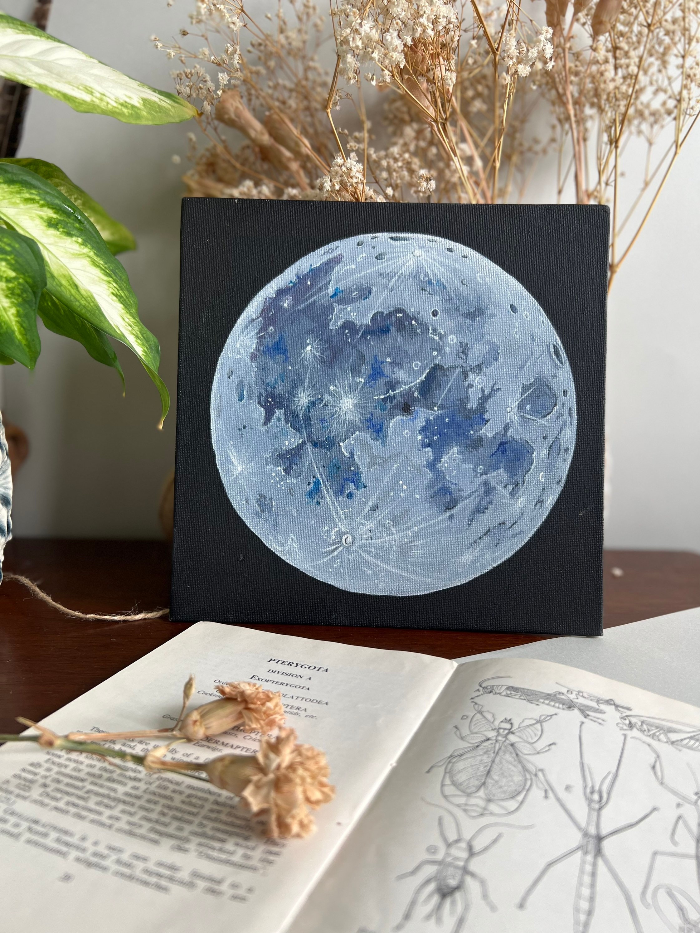 Original Full Moon Circle Canvas Painting, Acrylic on Cotton