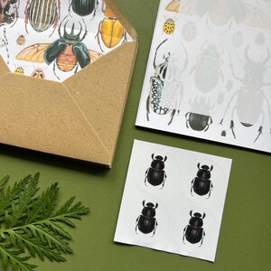 以下が含まれることがあります： 昆虫のイラストが描かれた文房具セット。クラフト紙の封筒、昆虫のデザインが施された紙、黒いカブトムシのグラフィックが描かれた4つの丸いステッカーのシートが含まれています。背景はくすんだ緑色です。
