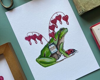 Bleeding Hearts, European Tree Frog and Ladybird, Watercolour Fine Art Print, Entomology