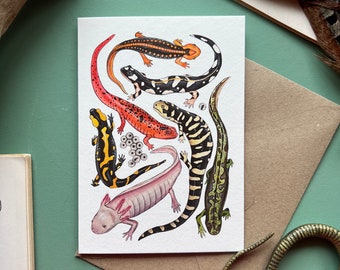 Salamanders Card, Blank greeting card, watercolour print