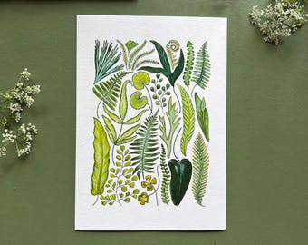 May include: Watercolor botanical print featuring a variety of green leaves and ferns. The artwork showcases a detailed illustration of different plant species, with varying shades of green and yellow. The print is on white paper, with a green background.