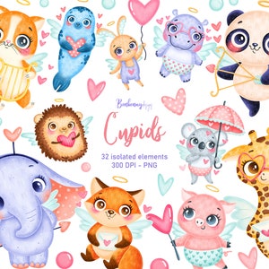 Cute Cartoon Valentine's Day Animals Clipart, Animals Cupids Clipart, Valentines Clipart, Kids Valentines Clipart, Children Printables