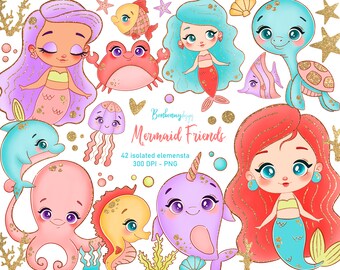 Baby Mermaid Clipart, Underwater Clipart, Cute Ocean Animals Clipart, Sea Animals Clipart, Girl Clipart, Planner Stickers, Glitter, Dolls