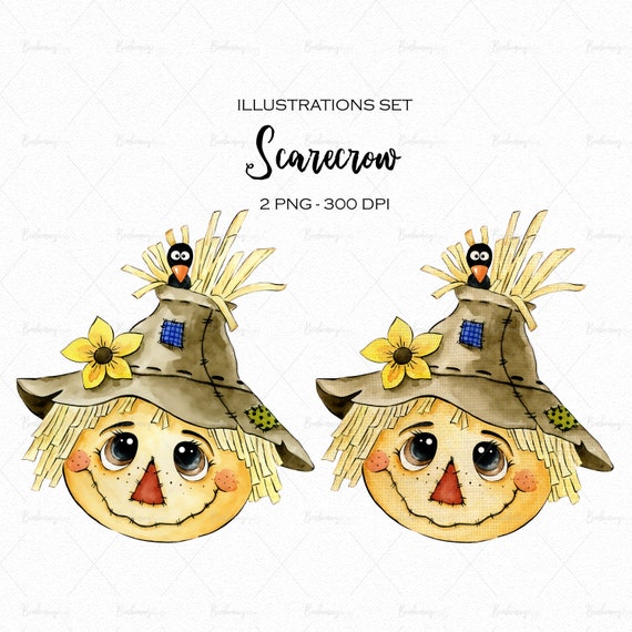 Download Watercolor Scarecrow Clipart Scarecrow Face Autumn Gardening Etsy