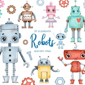 Cute Robots Clipart, Digital Download, Robots PNG, Sublimation Graphics, Children Printables, Planner Stickers