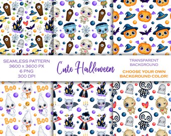 Cute Halloween Digital Paper, Cartoon Monsters Seamless Patterns, Kids Patterns, Spooky Patterns, PNG, Background, Scrapbook papers