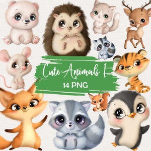 Cute Animals Clipart, Forest, Penguin, Raccoon, Squirrel, Tiger, Mouse, Deer, Fox, Llama, Bear, Hedgehog, Raccoon, Cat, Bunny, Hand Drawn