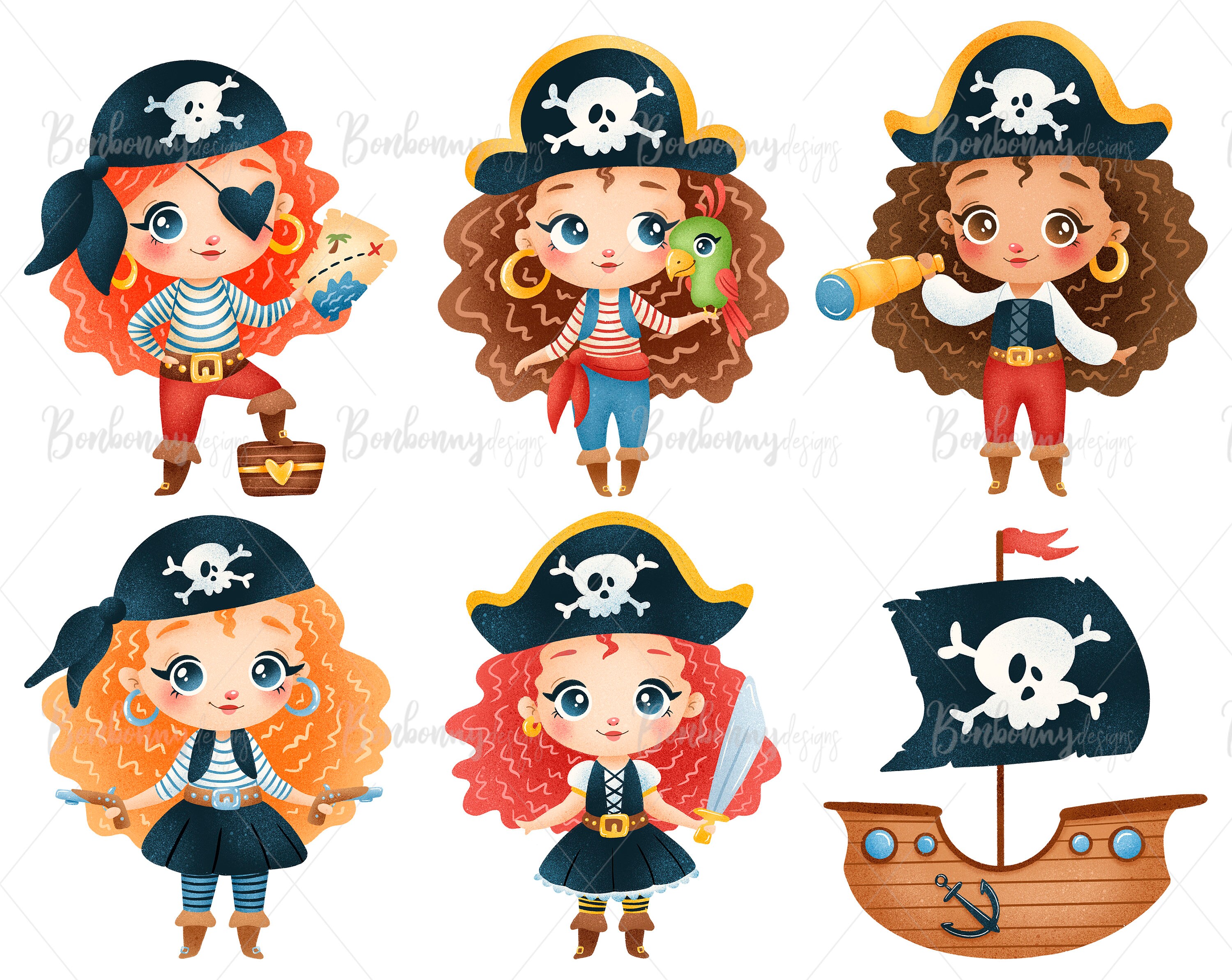 Cute Cartoon Pirates Girls Clipart Baby Pirate Girl Clipart Etsy
