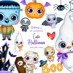 Cute Halloween Clipart, Cartoon Monsters, Digital Download, Sublimation Graphics, Kids Clipart, Children Printables, Planner Stickers