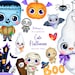Cute Halloween Clipart, Cartoon Monsters, Digital Download, Sublimation Graphics, Kids Clipart, Children Printables, Planner Stickers
