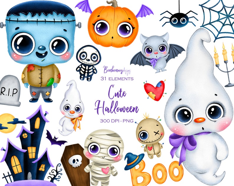 Cute Halloween Clipart, Cartoon Monsters, Digital Download, Sublimation Graphics, Kids Clipart, Children Printables, Planner Stickers 