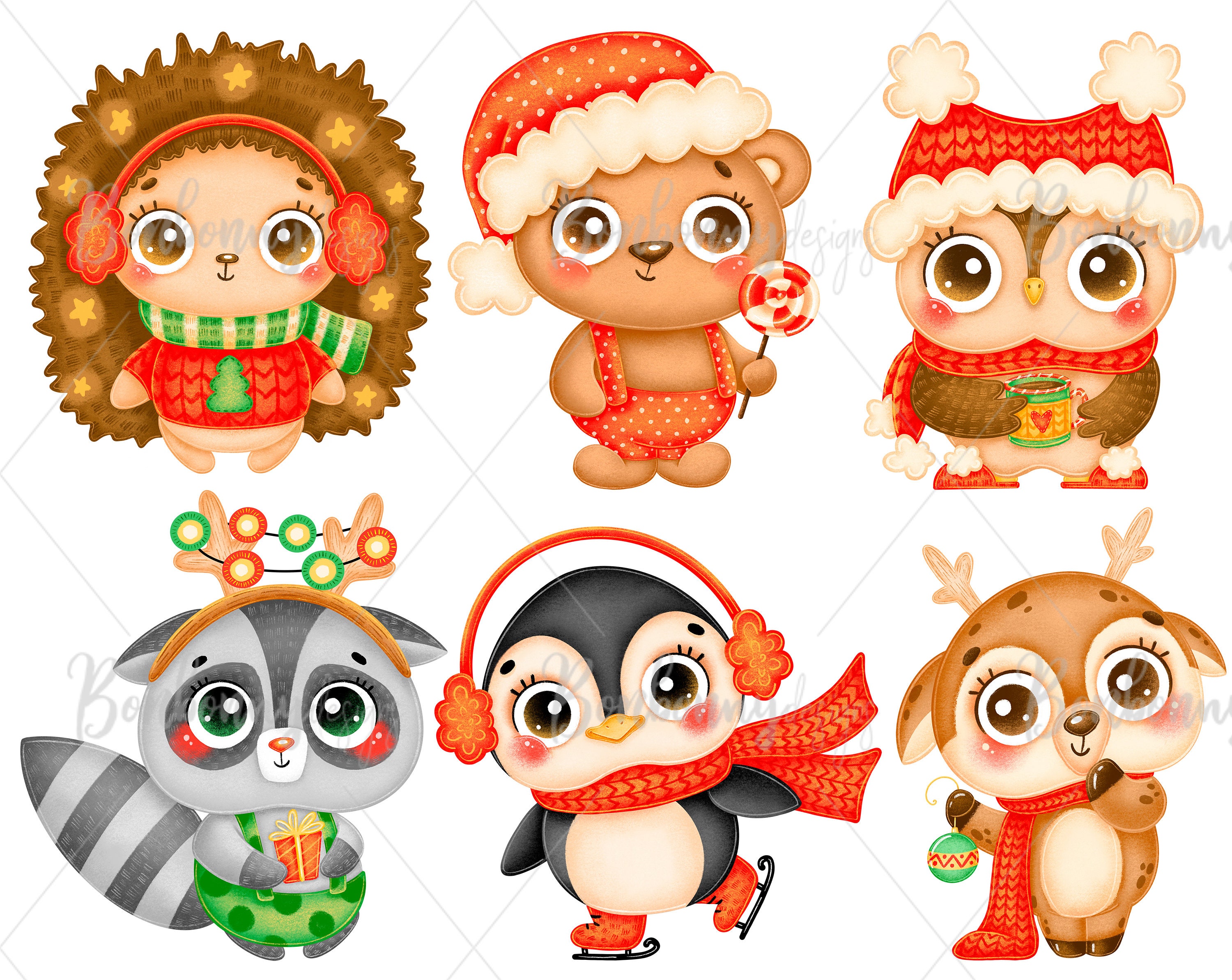 Cute Cartoon Christmas Animals Clipart Winter Clipart New Etsy