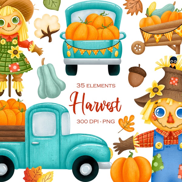 Cute Autumn Harvest Clipart, Farm Truck Clipart, Digital Download, Sublimation Graphics, Kids Clipart, Children Printables, Planner Stickers