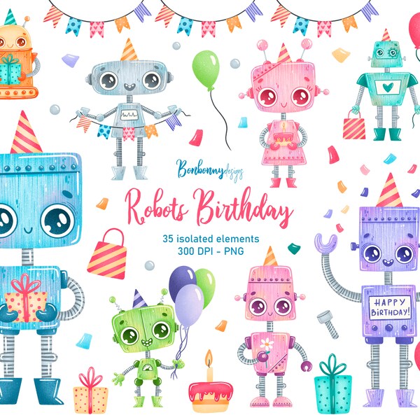 Cute Cartoon Robots Birthday Clipart, Robot Birthday Party Clipart, Retro Robot Birthday Clipart, Fun Kids Robot Clipart, Robot Girl PNG