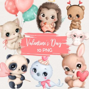 Cute Cartoon Valentine's Day Animals Clipart, Animals in Love, Kids Valentines, Cat, Hedgehog, Panda, Bear, Mouse, Bunny, Seal, Hand Drawn