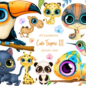 Tropical Animals Clipart, Jungle Animals Clipart, Safari Savannah Baby Animals, Toucan Giraffe Chameleon Snake Calibri Camel, Summer Clipart