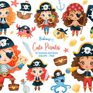 Cute Cartoon Pirates Girls Clipart, Baby Pirate Girl Clipart, Nursery Clipart, Pirate Ship Clipart, Pirate Animals Clipart, Ocean Clipart