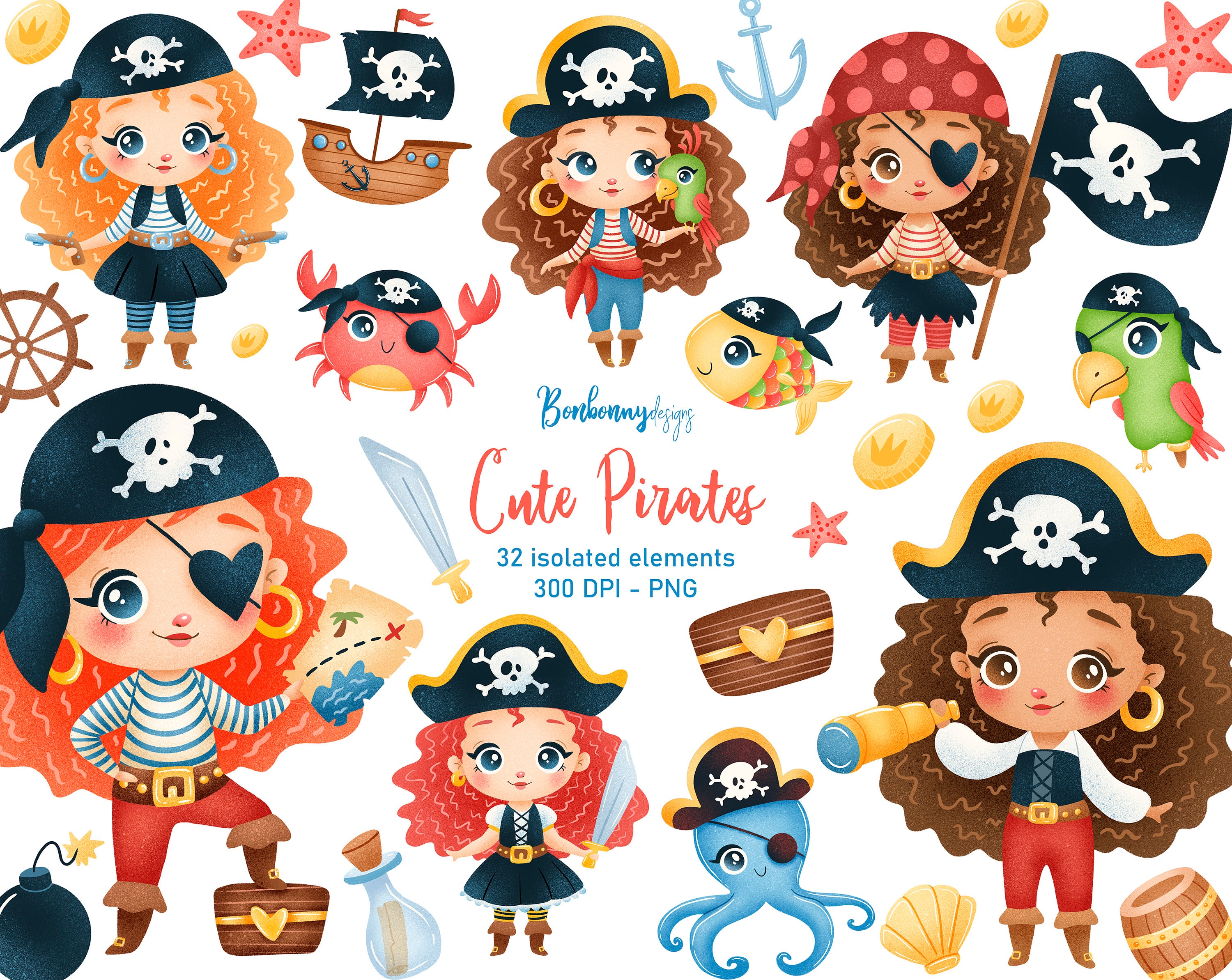 Lindo dibujos animados piratas niñas clipart bebé pirata - Etsy España