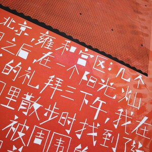 May include: A red background with white Chinese characters. The text reads: "Beijing, Yonghegong District: A few days after, in a sunny afternoon, I found the child in a courtyard surrounded by four-in-one courtyards. It looks big."