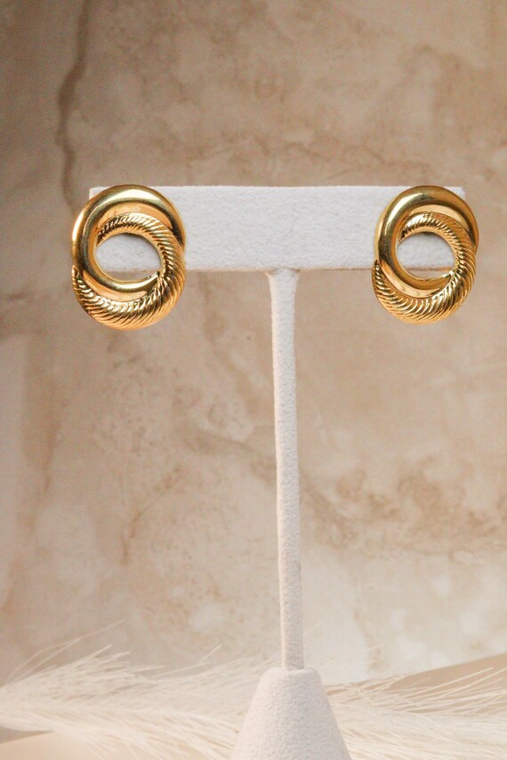 Vintage Gold Double Hoop Stud Earrings • Textured… - image 3
