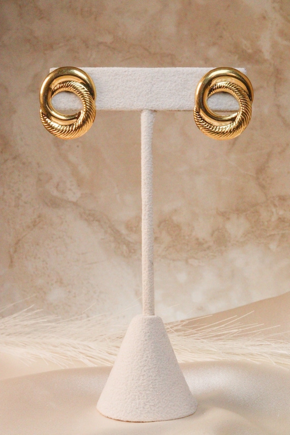Vintage Gold Double Hoop Stud Earrings • Textured… - image 1