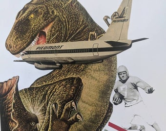 T-Rex attacks, 8 1/2" x 11" print from original collage art I produced. Free SHIPPING in the USA