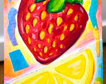 ACEO Original Lemon Strawberry Lemonade Summer Fruit Dessert Art Collage Whimsical Fairytale Food Drink Mixed Media - Lukaxanderarts