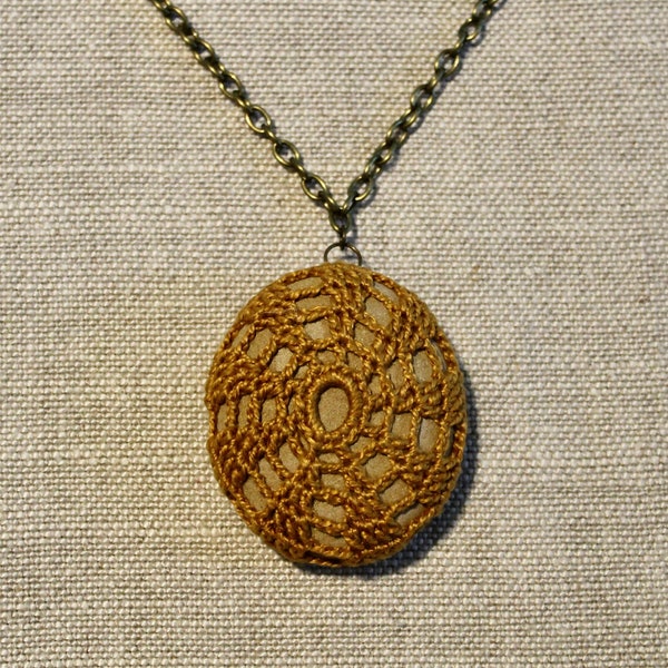 Gold Ochre Yellow Crochet Lace Stone Necklace, River Rock Pendant Jewelry, Boho Chic