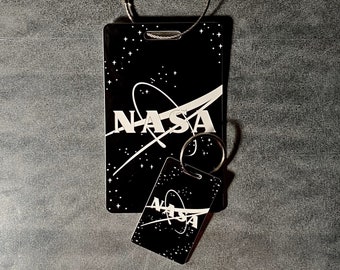Retro Black and White NASA Logo Luggage Tag & Keychain Bundle, Engraved Acrylic