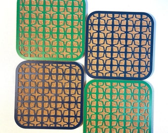 Midcentury Breezeblock Inspired Acrylic and Cork Layered Coasters - Set of 4