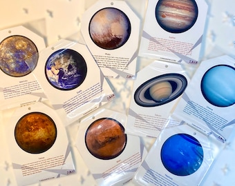 May include: Set of nine colorful planet cards with images and descriptions of each planet in our solar system. The cards are printed on white cardstock and feature a simple, modern design.