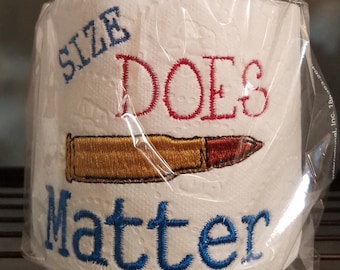 size does matter bullet embroidery digital file design for use toilet paper, mug rug, bag, towel. coaster, bag. house warming bathroom gift