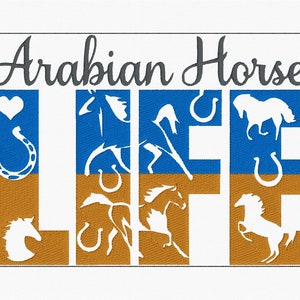 May include: A blue and brown graphic design with the text "Arabian Horse Life" and images of horseshoes and horses.