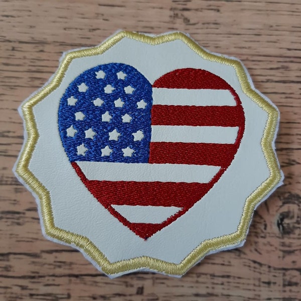 USA flag heart coaster embroidery digital design file toilet paper, towels, bag, 4x4 hoop red white blue