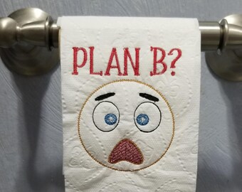 PLAN B, cara preocupada, archivo digital, diseño de bordado, bastidor de 4x4, baño, papel higiénico, rollo final, inauguración de la casa, regalo de broma, regalo de Navidad