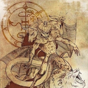 Può includere: Un'illustrazione in bianco e nero di una creatura mitologica con un torso umano, una testa di leone, una coda di serpente e una corona. La creatura è raffigurata con le ali e cavalca un leone.