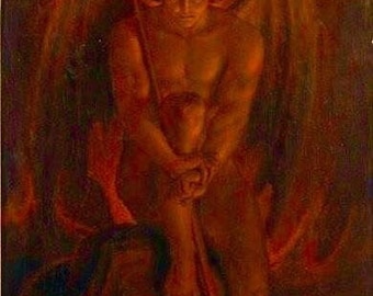 May include: An oil painting depicting a muscular figure with large wings, holding a spear, and standing over a fiery scene. The artwork is dominated by shades of red, orange, and brown, creating a dramatic and intense atmosphere.