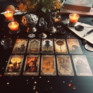 Puede incluir: Una escena mística con cartas del tarot dispuestas sobre una superficie oscura, rodeadas de velas, objetos decorativos y un libro. Las cartas tienen ilustraciones detalladas con una estética vintage. El ambiente general sugiere adivinación y espiritualidad.