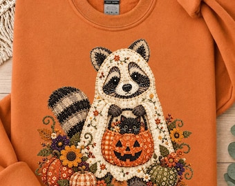 Sweatshirt mit gruseligem Waschbärmotiv, Cottagecore-Geist-Kürbis-Katze, Rundhalsausschnitt in Patchwork-Optik