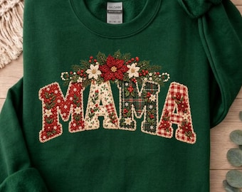 Weihnachts-Mama-Sweatshirt, Cottagecore-Stil, Patchwork-Design mit floralem Muster, Rundhalsausschnitt