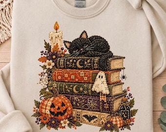 Halloween-Sweatshirt „Spooky Bookworm“, Cottagecore-Sweatshirt mit geisterhafter Bibliothek-Optik und Patchwork-Muster