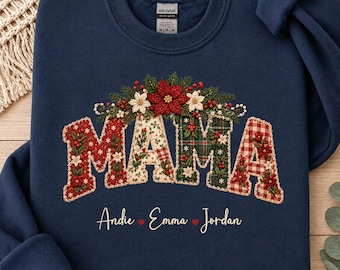 Personalisiertes Weihnachtsmama-Sweatshirt, Weihnachtsstern-Design im Patchwork-Stil, individuelle Kindernamen