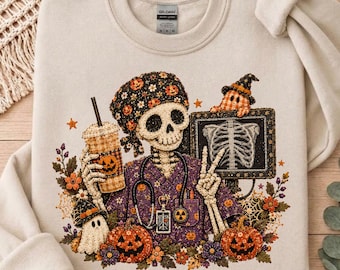 Sweatshirt mit gruseligem Radiologen-Skelett-Motiv, Cottagecore-Pullover mit Patchwork-Optik, Herbstpullover mit Eiskaffee-Effekt und Röntgenassistenten-Motiv
