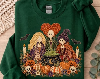 Halloween-Hexen-Sweatshirt, Cottagecore-Pullover mit Blumenmuster im Patchwork-Stil, Vintage-Pullover mit Kürbismotiv und gruseligem Schwesternschafts-Motiv