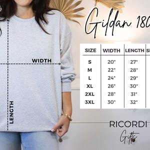 May include: A light gray Gildan 18000 sweatshirt with a size chart. The chart shows measurements for width, length, and sleeve length in inches for sizes S to 3XL. The text "RICORDI Gifts" is also visible.
