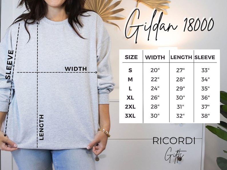 May include: A light gray Gildan 18000 sweatshirt with a size chart. The chart shows measurements for width, length, and sleeve length in inches for sizes S to 3XL. The text "RICORDI Gifts" is also visible.